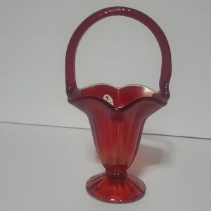 Fenton Ruby Red Carnival Stretch Art Glass Basket 100 Year Anniversary